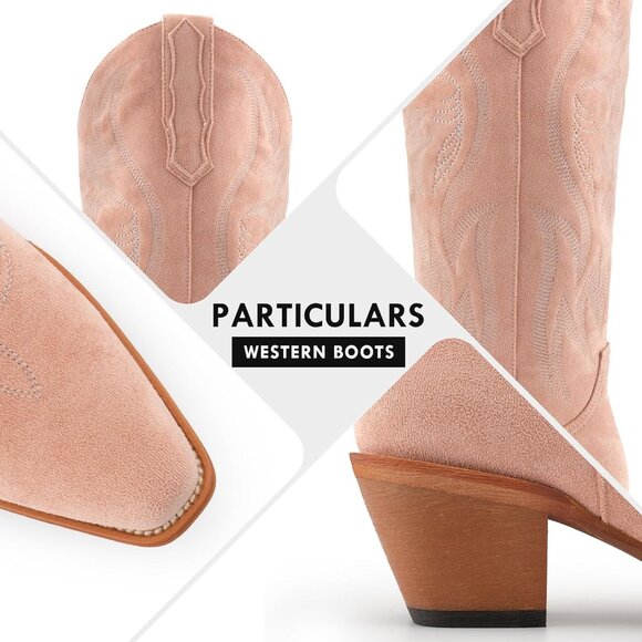 Women's Light Pink Mid Calf Cowgirl Boots Embroidered Suede Pull On Almond Toe - Picture 7 of 7